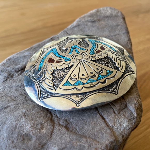 Vintage Thunderbird Belt Buckle Navajo Mosaic Turquoise Chip Jimmie J NEZZIE - Picture 4 of 11